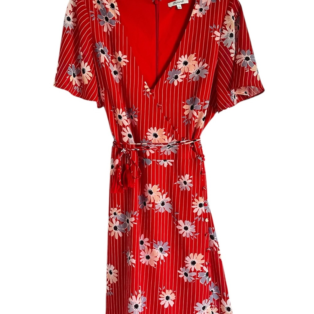 Red Floral Wrap Midi Dress with Flutter Sleeves